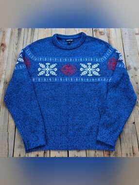 Lands' End Blue Fair Isle Crewneck Sweater with Red and White Accents